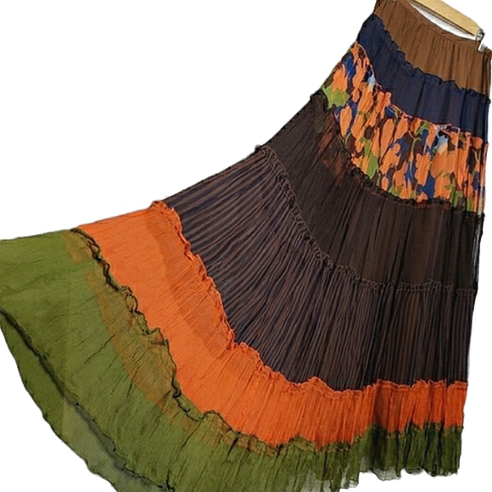 SILK Boho Tiered Sheer MAXI Skirt Prarie Cottage Vacay Tropical Flowy Fairy BCBG
